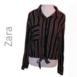 ZARA Black White Brown stripes long sleeve button down blouse shirt Small